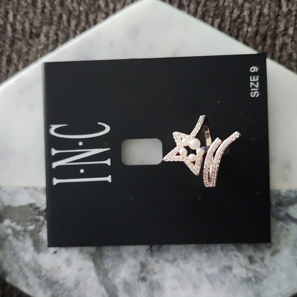 INC Rose Gold-Tone Pave & Imitation Pearl Shooting Star Open Ring